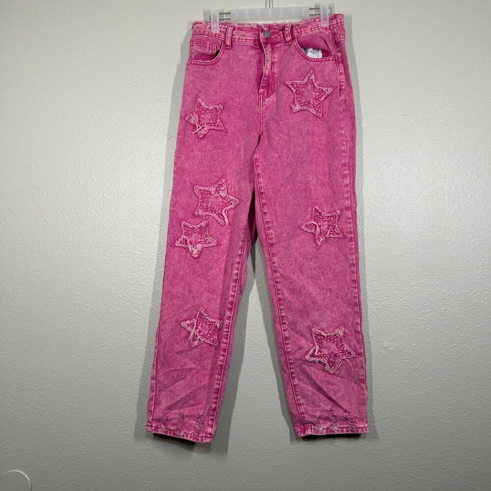 SHEIN Jeans Womens S Pink High Waisted Star Patch Distressed Mom Jeans Acid Wash